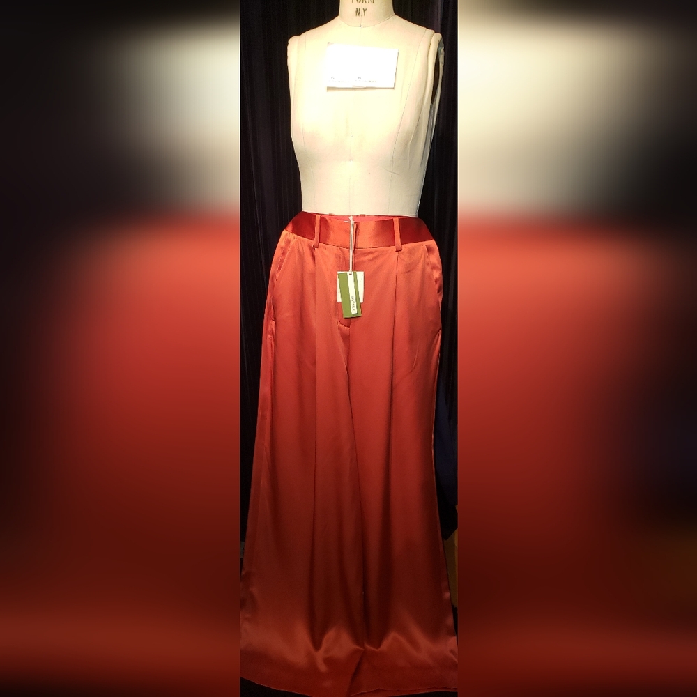 LilySilk Burnt orange 100% Mulberry silk Tuxedo wide leg pants trouser